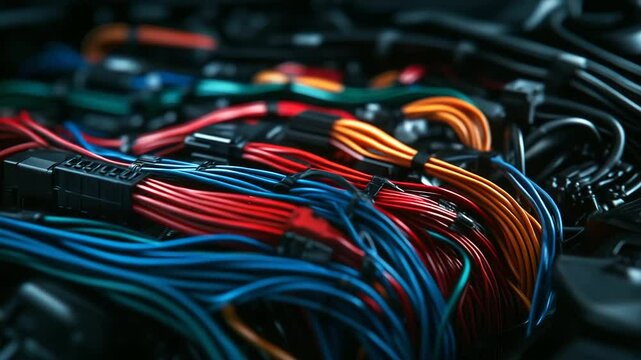 An artistic composition of colorful wiring harnesses weaving through a complex car engine, symbolizing the organized flow of energy and data in modern vehicles.