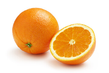 Oranges whole and sliced on white background