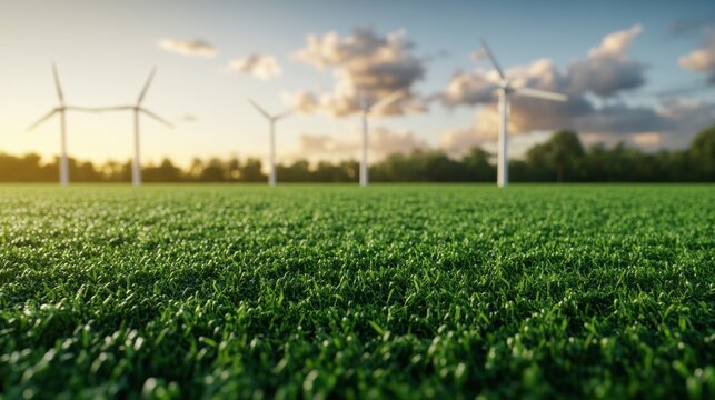 Vast green grass field with lush vegetation under blue sky with scattered clouds and wind turbines on horizon, renewable energy concept du daytime