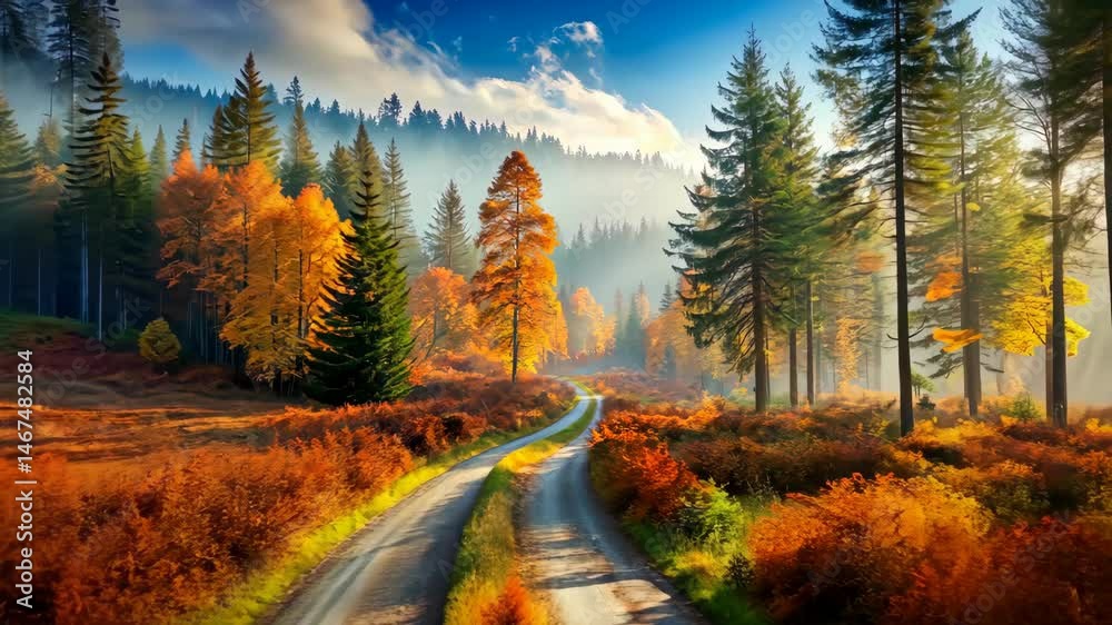 Poster autumn road through a misty forest with colorful trees and sun rays