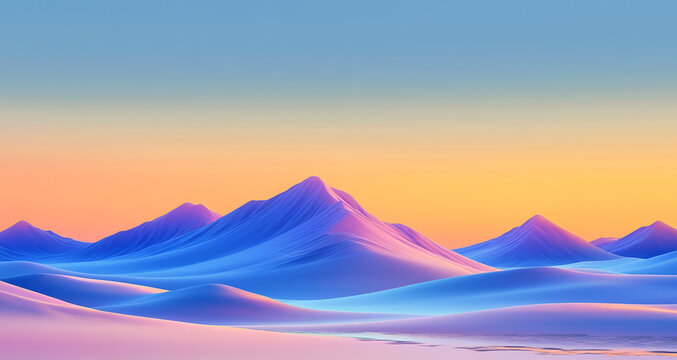 3D of a mountain range with a flat top. The mountains have no sharp corners and look like hills or dunes. The background is a blue sky at sunset. The foreground has very low waves