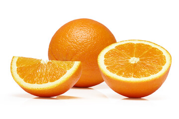 Oranges whole and sliced on white background