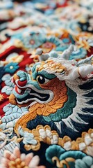 Fototapeta premium Intricate Dragon Embroidery on Rich Fabric Featuring Vibrant Colors and Detailed Design