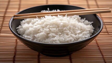 Cooked White Rice in a Black Bowl with Chopsticks on a Bamboo Mat
