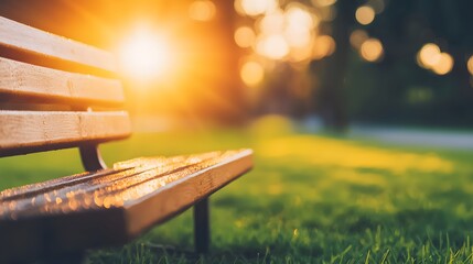 Tranquil Park Bench at Sunrise with Glimmers of Morning Light and Dewy Grass
