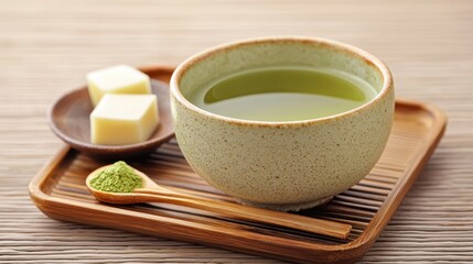 Elegant matcha tea presentation with sweets on a wooden tray, offering a serene and mindful tea experience