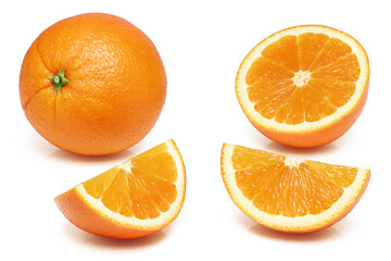 Oranges whole and sliced on white background