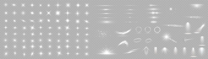 Light effect set. Glow isolated white light effect set, lens flare, explosion, glitter, dust, line, sun flash, spark and stars, spotlight, curve twirl. Sunlight, abstract special effect.