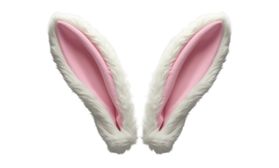 Close-up of white rabbit’s head showcasing large white ears with pink inner details, emphasizing natural design and delicate features, isolated on transparent background