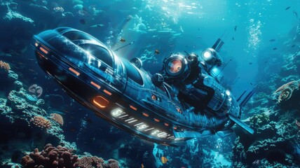 A futuristic research ship explores the ocean depths, with human scientists and AI submersibles working together. Equipped with advanced underwater exploration technology, the ship features AI
