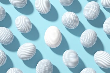 Decorative Egg Pattern Backdrop With Diagonal Stripes and Central White Egg on Vibrant Blue Surface Generative AI