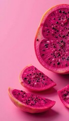 Fototapeta premium Bright pink pitaya slices arranged artistically on pink backdrop, colorful, macro