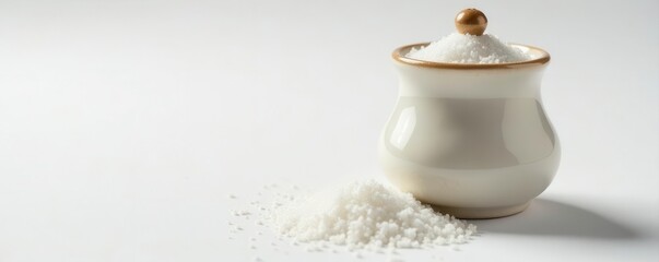 Ceramic salt shaker, fine salt granules, bright white setting, porcelain, food