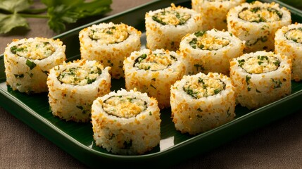 Fototapeta premium Delicious sushi rolls with crispy coating displayed on a green platter