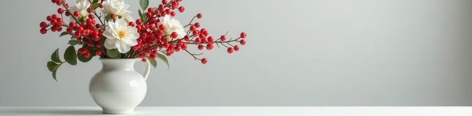 Crisp white vase filled with vibrant red berries and pristine white blooms , home, image, simple