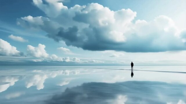 A serene person standing alone on a glassy surface reflecting a clear blue sky and fluffy clouds.