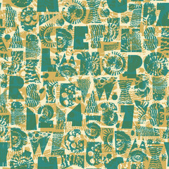 Obraz premium Abstract vector seamless background pattern with font consisting of geometric shapes with grunge texture, shells, trilobites, ammonites on paleontology theme. Wallpaper, ceramic tiles, fabric, design.