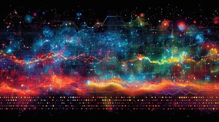 Obraz premium Nebula horizon digital creation vibrant galaxy nightscape with celestial color bursts and cosmic light particles in dark vastness