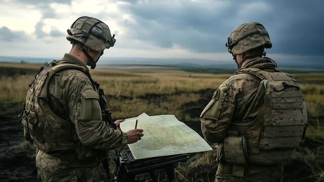 An army field command center in the middle of a war zone, where officers in combat gear analyze an operational map and prepare for their next move.