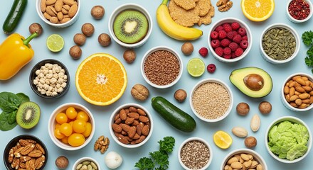 An overhead shot of bowls filled with an assortment of fruits, vegetables, and nuts displayed on a blue surface.