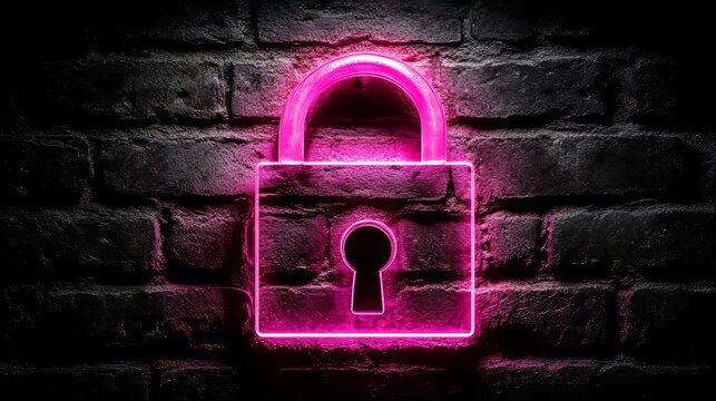Neon Pink Padlock on Brick Wall: A vibrant pink neon padlock, glowing against a dark brick wall, creating a dramatic and enigmatic visual.