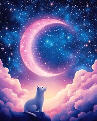 Stellar smile scene concept, Mystical White Cat Gazes at Dreamy Night Sky and Celestial Moon