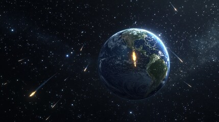Naklejka premium Earth and Meteor Shower: A Celestial Dance