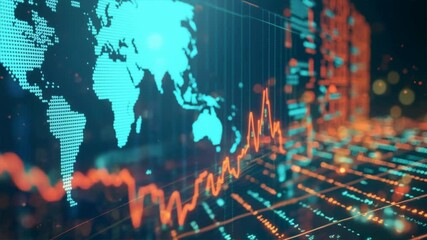 Futuristic digital globe with dynamic stock market data visualizations and glowing lines representing market trends. - Powered by Adobe
