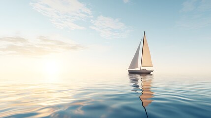 Fototapeta premium Sailboat on Calm Sea at Sunset with Soft Clouds and Golden Light