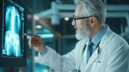 A serious-looking doctor pointing at an illuminated hip X-ray on a medical display, considering the next steps for orthopedic treatment. - Powered by Adobe