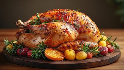 Roasted Thanksgiving Turkey on Wooden Board