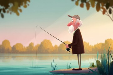Elderly man enjoys peaceful fishing at serene lake in soft light during quiet afternoon
