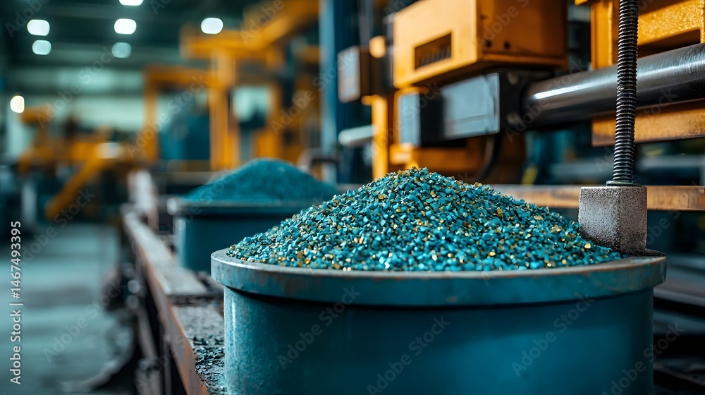 Poster an image of an industrial mineral sorting line with various containers holding processed and sorted 