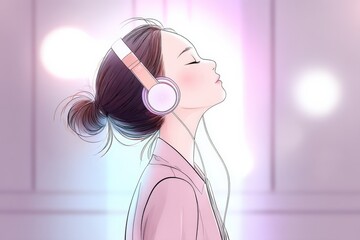 Dreamy Asian woman enjoying music in a pastel indoor setting with soft light