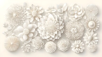 Elegant Collection of White Paper Flowers in Various Shapes and Sizes on Soft Background