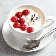 Delicious raspberry yogurt dessert kitchen table food photography natural light close-up culinary delight