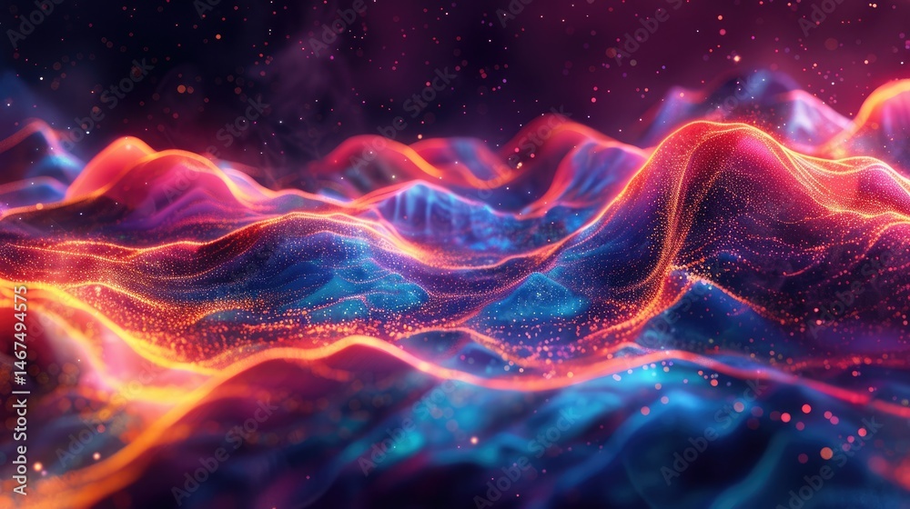 Poster futuristic digital waves with pink and purple glowing particles. abstract technology. background ima