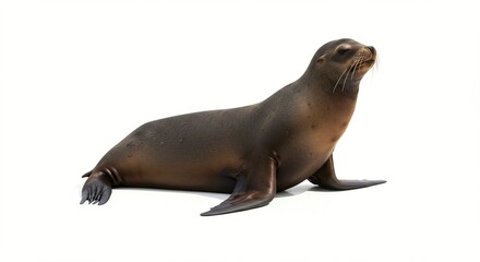 Naklejka premium Sea lion basking on white background. Graceful marine mammal resting, showcasing its sleek, brown fur and relaxed posture. Peaceful moment.