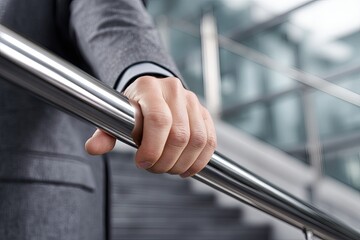 Businessman holding railing while descending stairs in modern office building professional environment close-up view