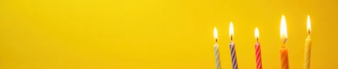 Fototapeta premium Several lit birthday candles on sunny yellow background, celebration, sunny, sun