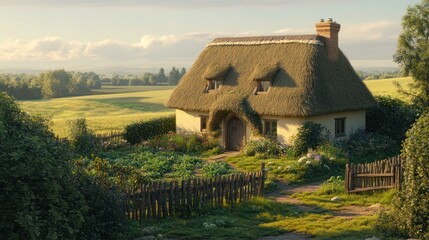 Rustic thatched cottage, idyllic countryside, peaceful garden, outdoor scene, perfect for relaxation
