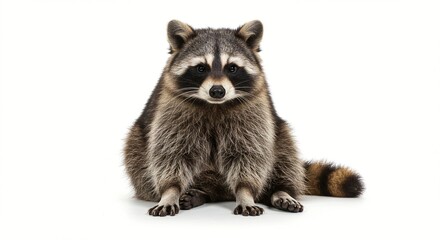 Obraz premium A furry raccoon sits upright, its striped tail and distinctive facial mask on full display against a bright white backdrop.