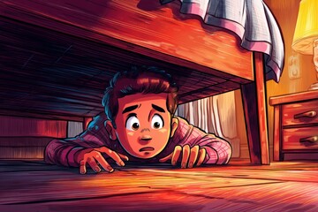 Scared young boy hides under bed in dimly lit room showcasing his fear and vulnerability