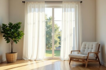 Sheer white curtains billow gently in a sunlit room, interior photography, bedroom, fold