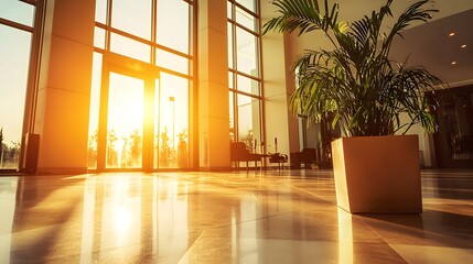 Bright Sunlight Through Large Windows in Modern Lobby with Potted Plant