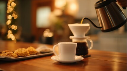 Fototapeta premium A cozy café scene featuring coffee brewing with pastries on a wooden table and warm lighting