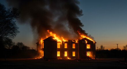 Building Fire Intense Flames and Smoke Rising During Dusk