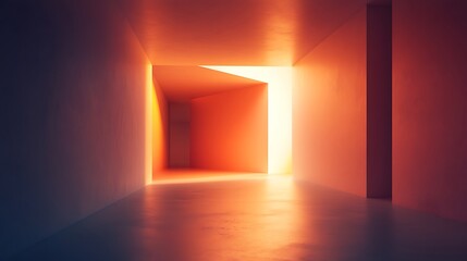 Abstract architectural space with a glowing doorway and warm color scheme