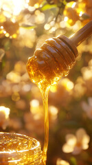  Golden honey drips from a dipper into a jar, glowing in warm sunlight.