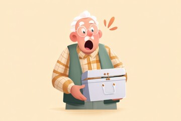 Surprised elderly man discovers an old memory box in a soft illustration style